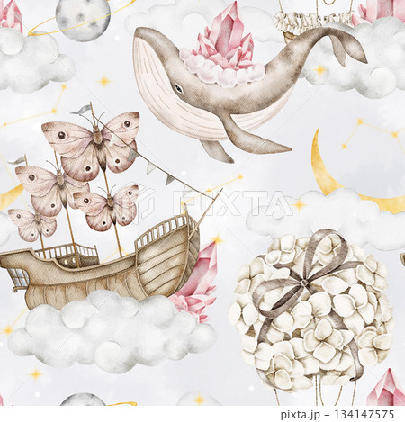 Seamless watercolor pattern with a whale, crystals, a butterfly sailboat, hot air balloon made of hydrangea flowers, clouds, yellow crescent moon, stars, and planets on grey. Nursery textile print Seamless watercolor pattern with a whale, crystals, a butterfly sailboat, hot air balloon made of hydrangea flowers, clouds, yellow crescent moon, stars, and planets on grey. Nursery textile print 134147575