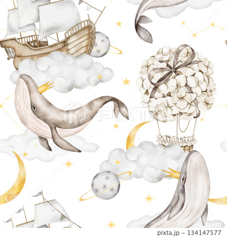 Seamless watercolor pattern featuring whales with golden crowns, wooden ships on clouds, hydrangea flower balloons, soft yellow moons, and planets. Perfect for nursery textiles, or wrapping paper. 134147577