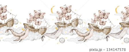 Seamless watercolor border with butterfly sailboats, whales with pink crystals, clouds, crescent moons, gray background. Great for baby bedding, nursery wall borders, stationery, birthday party decor. 134147578