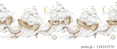 Seamless watercolor pattern featuring whales with golden crowns, wooden ships on clouds, hydrangea flower balloons, soft yellow moons, and planets. Perfect for nursery textiles, or wrapping paper. 134147579