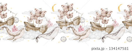 Seamless watercolor pattern featuring whales with golden crowns, wooden ships on clouds, hydrangea flower balloons, soft yellow moons, and planets. Perfect for nursery textiles, or wrapping paper. 134147581