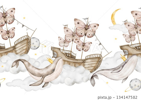 Seamless watercolor border with butterfly sailboats, whales with gold crown, clouds, crescent moons, planets, gray background. Ideal for nursery bedding, baby shower, stationery, or kids wallpaper Seamless watercolor border with butterfly sailboats, whales with gold crown, clouds, crescent moons, planets, gray background. Ideal for nursery bedding, baby shower, stationery, or kids wallpaper 134147582