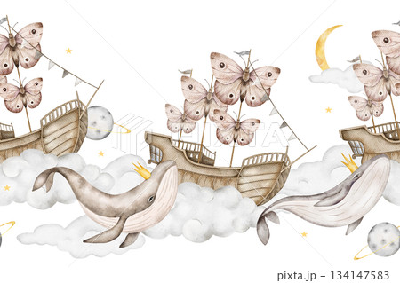 Seamless watercolor border with butterfly sailboats, whales with gold crown, clouds, crescent moons, planets, gray background. Ideal for nursery bedding, baby shower, stationery, or kids wallpaper 134147583