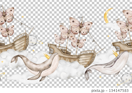 Seamless watercolor border with butterfly sailboats, whales with gold crown, clouds, crescent moons, planets, gray background. Ideal for nursery bedding, baby shower, stationery, or kids wallpaper 134147583