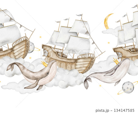 Seamless watercolor border with whales in golden crowns, sailing ships, clouds, yellow crescent moons, stars, planets on light gray. Perfect for nursery wall borders, baby bedding, or wrapping paper. Seamless watercolor border with whales in golden crowns, sailing ships, clouds, yellow crescent moons, stars, planets on light gray. Perfect for nursery wall borders, baby bedding, or wrapping paper. 134147585