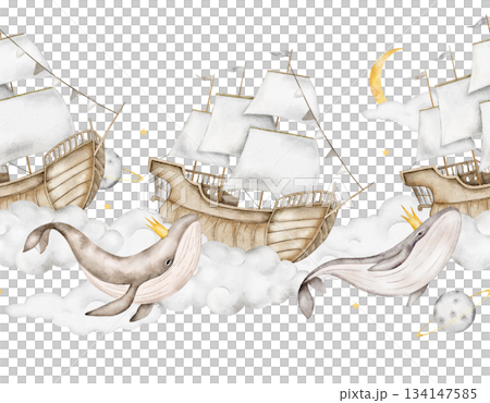 Seamless watercolor border with whales in golden crowns, sailing ships, clouds, yellow crescent moons, stars, planets on light gray. Perfect for nursery wall borders, baby bedding, or wrapping paper. Seamless watercolor border with whales in golden crowns, sailing ships, clouds, yellow crescent moons, stars, planets on light gray. Perfect for nursery wall borders, baby bedding, or wrapping paper. 134147585