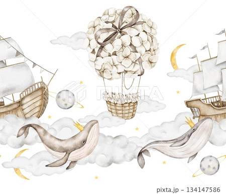 Seamless watercolor border with whales wearing gold crowns, hydrangea hot air balloon, wooden sailing ships, clouds, crescent moons, planets on light gray. For nursery borders, bedding, or paper. 134147586