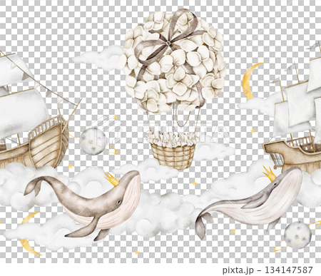 Seamless watercolor border with whales wearing gold crowns, hydrangea hot air balloon, wooden sailing ships, clouds, crescent moons, planets on light gray. For nursery borders, bedding, or paper. Seamless watercolor border with whales wearing gold crowns, hydrangea hot air balloon, wooden sailing ships, clouds, crescent moons, planets on light gray. For nursery borders, bedding, or paper. 134147587