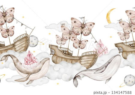 Seamless watercolor border with butterfly sailboats, whales with pink crystals, clouds, crescent moons, gray background. Great for baby bedding, nursery wall borders, stationery, birthday party decor. Seamless watercolor border with butterfly sailboats, whales with pink crystals, clouds, crescent moons, gray background. Great for baby bedding, nursery wall borders, stationery, birthday party decor. 134147588