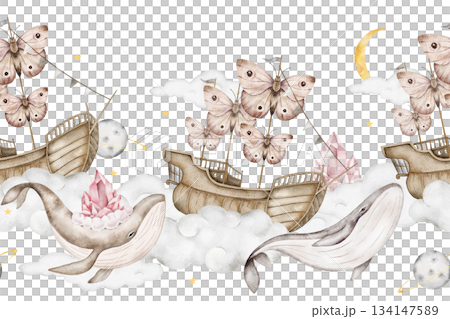 Seamless watercolor border with butterfly sailboats, whales with pink crystals, clouds, crescent moons, gray background. Great for baby bedding, nursery wall borders, stationery, birthday party decor. Seamless watercolor border with butterfly sailboats, whales with pink crystals, clouds, crescent moons, gray background. Great for baby bedding, nursery wall borders, stationery, birthday party decor. 134147589