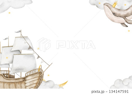 Horizontal watercolor frame with classic sailing ship, crowned whale, clouds, crescent moon, and stars. Good for kids invitation, announcement, birthday card, or nursery print. Horizontal watercolor frame with classic sailing ship, crowned whale, clouds, crescent moon, and stars. Good for kids invitation, announcement, birthday card, or nursery print. 134147591