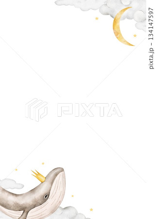 Vertical watercolor frame with crowned whale, clouds, yellow crescent moon, and stars. Ideal for baby event invitation, nursery poster, or children greeting card. Vertical watercolor frame with crowned whale, clouds, yellow crescent moon, and stars. Ideal for baby event invitation, nursery poster, or children greeting card. 134147597