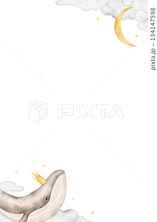Vertical watercolor frame with crowned whale, clouds, yellow crescent moon, and stars. Ideal for baby event invitation, nursery poster, or children greeting card. 134147598