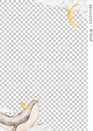 Vertical watercolor frame with crowned whale, clouds, yellow crescent moon, and stars. Ideal for baby event invitation, nursery poster, or children greeting card. 134147598