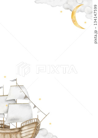 Vertical watercolor rectangular frame with wooden sailboat, white sails, clouds, yellow crescent moon, and small stars. Suitable for baby invitation, nursery poster, or children card design. Vertical watercolor rectangular frame with wooden sailboat, white sails, clouds, yellow crescent moon, and small stars. Suitable for baby invitation, nursery poster, or children card design. 134147599
