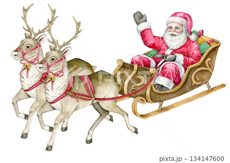 Santa Claus riding in sleigh pulled by two reindeer, Christmas gifts in back. Watercolor art for winter cards, holiday invitations, party decor, scrapbooking, festive print, postcards 134147600