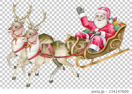 Santa Claus riding in sleigh pulled by two reindeer, Christmas gifts in back. Watercolor art for winter cards, holiday invitations, party decor, scrapbooking, festive print, postcards 134147600