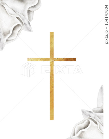 Gold cross accented by white calla lilies, elegant watercolor graphic for remembrance invitations, memorial cards, religious notes, spiritual program designs, or condolences and tribute projects. Gold cross accented by white calla lilies, elegant watercolor graphic for remembrance invitations, memorial cards, religious notes, spiritual program designs, or condolences and tribute projects. 134147604