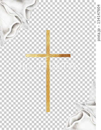 Gold cross accented by white calla lilies, elegant watercolor graphic for remembrance invitations, memorial cards, religious notes, spiritual program designs, or condolences and tribute projects. Gold cross accented by white calla lilies, elegant watercolor graphic for remembrance invitations, memorial cards, religious notes, spiritual program designs, or condolences and tribute projects. 134147604