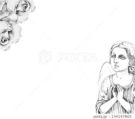 Watercolor memorial card frame with a praying angel in the corner and two white roses, black and white. Template for memorial cards, sympathy stationery, condolence invitations, or obituary layouts. 134147605