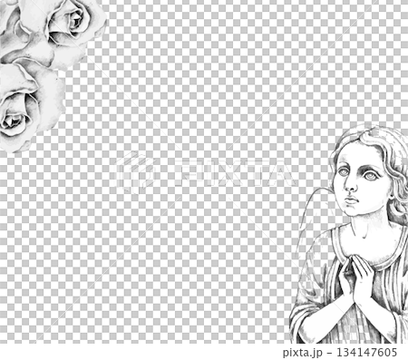 Watercolor memorial card frame with a praying angel in the corner and two white roses, black and white. Template for memorial cards, sympathy stationery, condolence invitations, or obituary layouts. 134147605