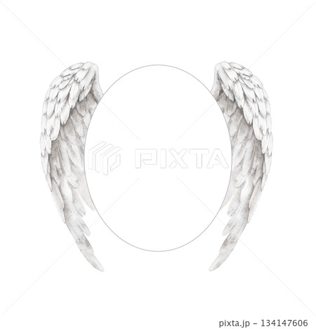 Watercolor oval frame with white angel wings, perfect memorial template for remembrance cards, tribute invitations, condolence souvenirs, photo decoration, or spiritual keepsake stationery design 134147606