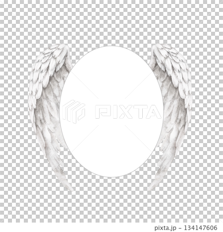 Watercolor oval frame with white angel wings, perfect memorial template for remembrance cards, tribute invitations, condolence souvenirs, photo decoration, or spiritual keepsake stationery design 134147606