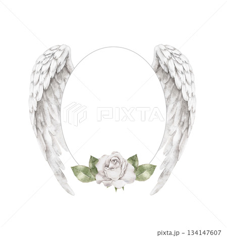 Memorial wreath frame with white angel wings, oval shape, and single white rose with green foliage, watercolor design for condolence templates, sympathy invitations, memorial cards, spiritual gifts Memorial wreath frame with white angel wings, oval shape, and single white rose with green foliage, watercolor design for condolence templates, sympathy invitations, memorial cards, spiritual gifts 134147607