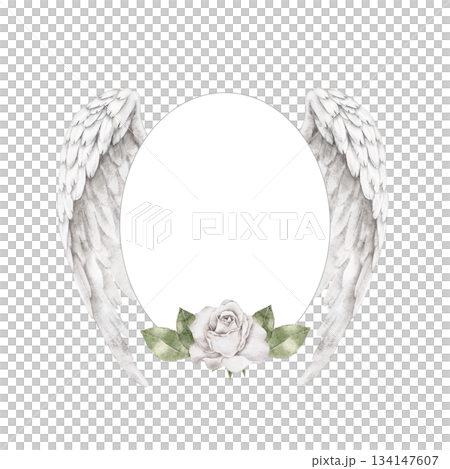Memorial wreath frame with white angel wings, oval shape, and single white rose with green foliage, watercolor design for condolence templates, sympathy invitations, memorial cards, spiritual gifts Memorial wreath frame with white angel wings, oval shape, and single white rose with green foliage, watercolor design for condolence templates, sympathy invitations, memorial cards, spiritual gifts 134147607