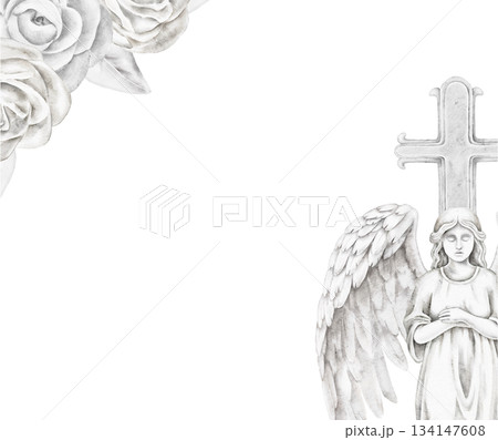 Frame with angel wings beside a stone Christian cross and delicate rose in the corner, watercolor illustration for memorial projects, remembrance cards, or spiritual themed design elements. 134147608