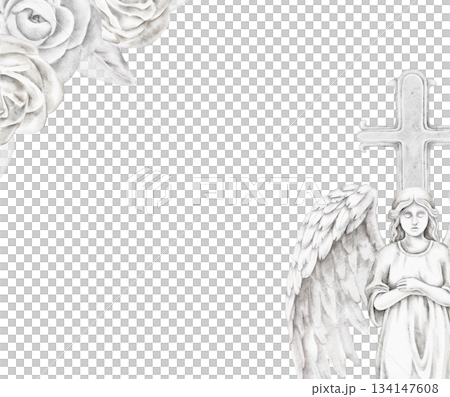 Frame with angel wings beside a stone Christian cross and delicate rose in the corner, watercolor illustration for memorial projects, remembrance cards, or spiritual themed design elements. 134147608