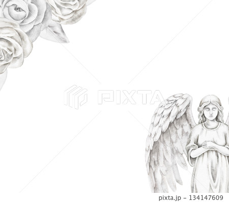 Gold cross with soft white orchid, botanical leaves, and watercolor effect, symbolizing beauty, faith, harmony, and remembrance, for greeting cards, memorial invitations, or spiritual inspiration 134147609