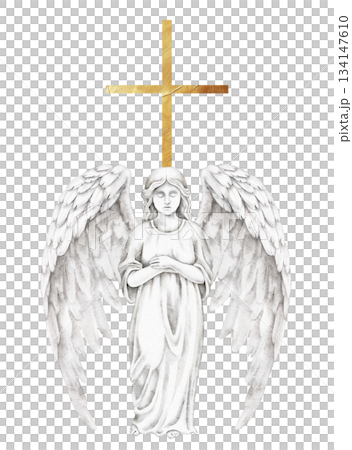 Statue of an angel with feathered wings stands beneath a golden Christian cross, watercolor style, symbolizing faith, hope, remembrance, and divine protection, for memorial cards, religious projects Statue of an angel with feathered wings stands beneath a golden Christian cross, watercolor style, symbolizing faith, hope, remembrance, and divine protection, for memorial cards, religious projects 134147610