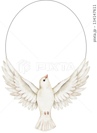 White dove with open wings oval wreath, watercolor style, symbolizing peace, spirituality, and hope. Perfect for wedding invitation, sympathy card, memorial template, or religious celebration design. 134147611