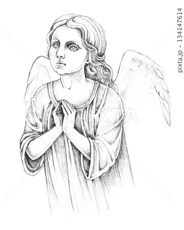 Watercolor black and white drawing of a praying angel , elegant and emotional spirit art for condolence cards, spiritual inspiration, memorial stationery, or remembrance program cover. 134147614