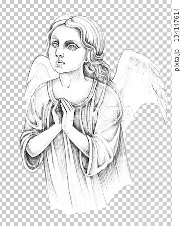 Watercolor black and white drawing of a praying angel , elegant and emotional spirit art for condolence cards, spiritual inspiration, memorial stationery, or remembrance program cover. 134147614