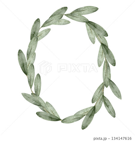 Simple green leaf wreath watercolor, empty oval frame template for memorial cards, sympathy invitations, remembrance ceremony programs, photo decoration, or spiritual stationery backgrounds. 134147616