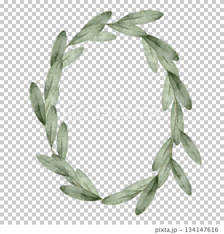 Simple green leaf wreath watercolor, empty oval frame template for memorial cards, sympathy invitations, remembrance ceremony programs, photo decoration, or spiritual stationery backgrounds. 134147616