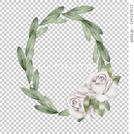 Watercolor wreath olive leaves with two white roses at the bottom, elegant frame template for memorial cards, invitations, condolence greetings, remembrance projects, or funeral stationery designs. 134147617