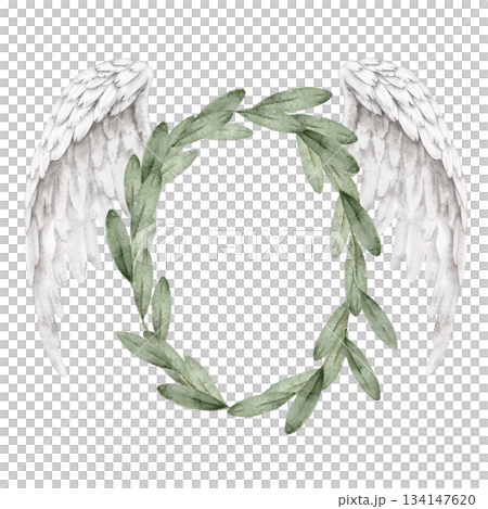Watercolor wreath olive leaves decorated with white angel wings, frame template for spiritual memorial cards, condolence layouts, funeral invitations, or remembrance ceremony graphic design projects. 134147620