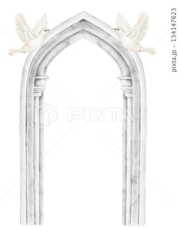 Marble arch with pointed top and two white doves perched above, watercolor illustration, perfect for religious invitations, memorial programs, spiritual greeting cards, or wedding remembrance layouts. Marble arch with pointed top and two white doves perched above, watercolor illustration, perfect for religious invitations, memorial programs, spiritual greeting cards, or wedding remembrance layouts. 134147623