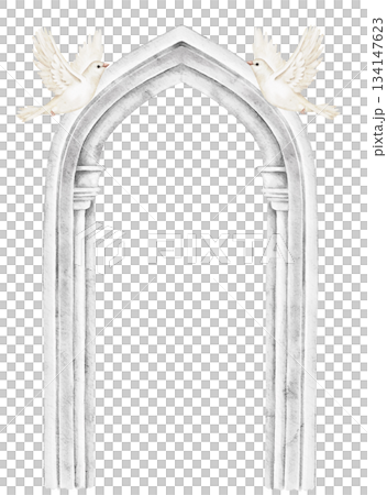 Marble arch with pointed top and two white doves perched above, watercolor illustration, perfect for religious invitations, memorial programs, spiritual greeting cards, or wedding remembrance layouts. Marble arch with pointed top and two white doves perched above, watercolor illustration, perfect for religious invitations, memorial programs, spiritual greeting cards, or wedding remembrance layouts. 134147623
