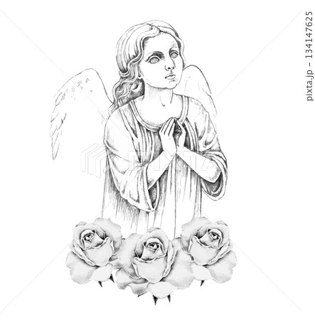 Praying angel with folded hands over three white roses, hand-drawn watercolor for remembrance projects, sympathy cards, memorial invitations, condolence art, or spiritual tribute stationery template. Praying angel with folded hands over three white roses, hand-drawn watercolor for remembrance projects, sympathy cards, memorial invitations, condolence art, or spiritual tribute stationery template. 134147625
