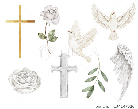 Set clip art of gold cross, white dove with olive branch, angel wings, white rose, and greenery, assembled for Christian celebration, baptism decor, memorial project, Easter or spiritual announcement. Set clip art of gold cross, white dove with olive branch, angel wings, white rose, and greenery, assembled for Christian celebration, baptism decor, memorial project, Easter or spiritual announcement. 134147626