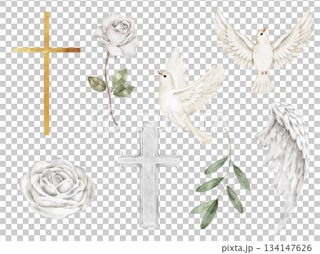 Set clip art of gold cross, white dove with olive branch, angel wings, white rose, and greenery, assembled for Christian celebration, baptism decor, memorial project, Easter or spiritual announcement. Set clip art of gold cross, white dove with olive branch, angel wings, white rose, and greenery, assembled for Christian celebration, baptism decor, memorial project, Easter or spiritual announcement. 134147626