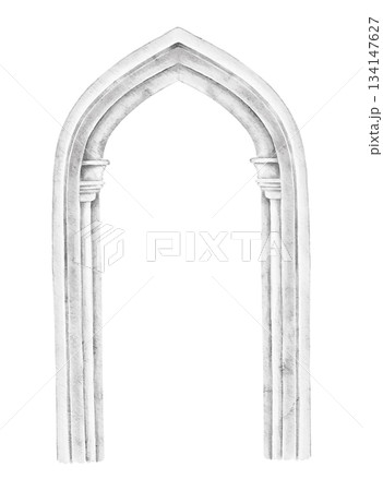 Hand drawn gothic stone arch with pointed top and carved details in light texture watercolor illustration for history projects, church designs, invitation or memory card or medieval architecture book. 134147627