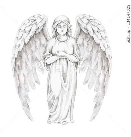 Statue of angel with large feathered wings, white marble texture, praying pose, watercolor illustration for memorial card, sympathy design, religious event, or spiritual art decoration purposes. 134147628