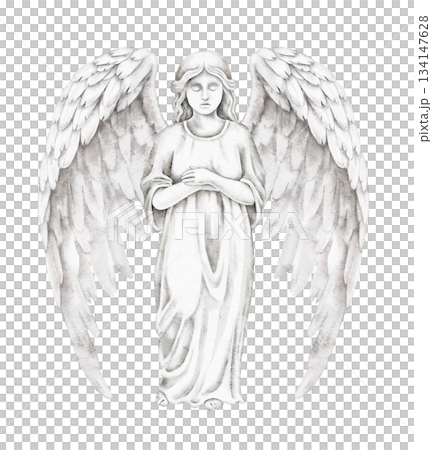 Statue of angel with large feathered wings, white marble texture, praying pose, watercolor illustration for memorial card, sympathy design, religious event, or spiritual art decoration purposes. 134147628