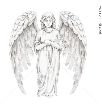 Statue of angel with large feathered wings and lilies in hands, white marble texture, praying pose, watercolor illustration for memorial card, religious event, or spiritual art decoration purposes. 134147629
