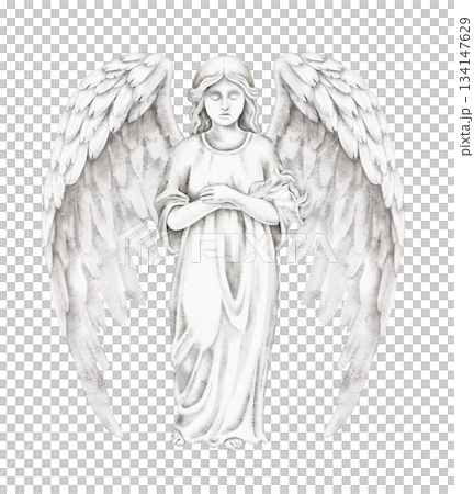Statue of angel with large feathered wings and lilies in hands, white marble texture, praying pose, watercolor illustration for memorial card, religious event, or spiritual art decoration purposes. 134147629